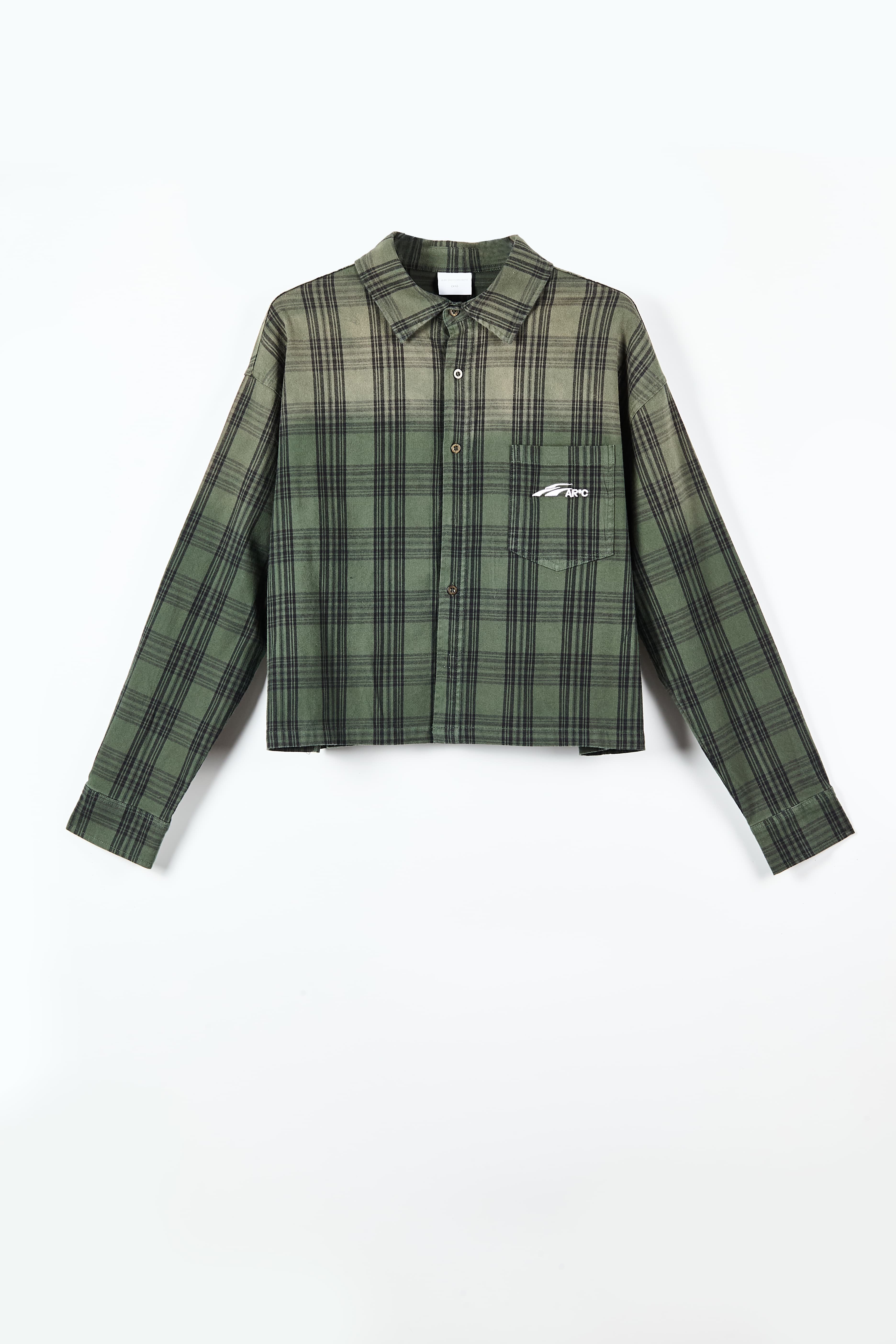 Vintage Washed Green Plaid Cropped Shirt - Oversized Streetwear Flannel